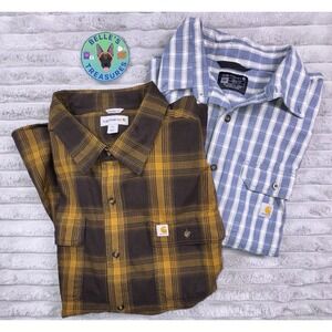 Carhartt Men's 2XL LOT of TWO LS BU Orange Black Flannel SS BU Blue Shirt Polo